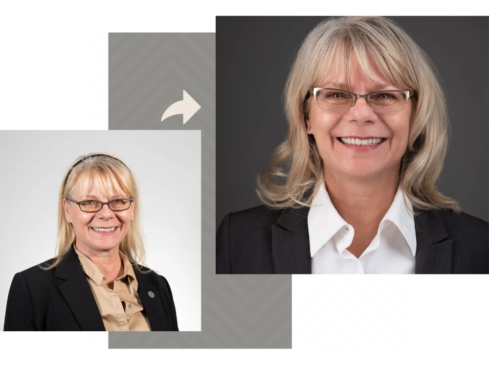 Side-by-side comparison of the same client photographed at a free conference step-and-repeat versus in a professional session with Marie Feutrier