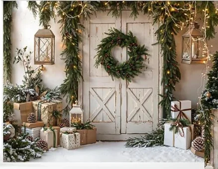 Kate backdrop showing rustic white barn doors with holiday wreath, evergreen garlands, lanterns, and wrapped gifts - an example of a backdrop with simpler, more even lighting that is easier to match
