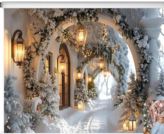 Kate backdrop showing winter wonderland scene with snow-covered archway, warm glowing lanterns, frosted evergreen garlands, and bright backlit areas - an example of a backdrop with complex mixed lighting that is difficult to match correctly