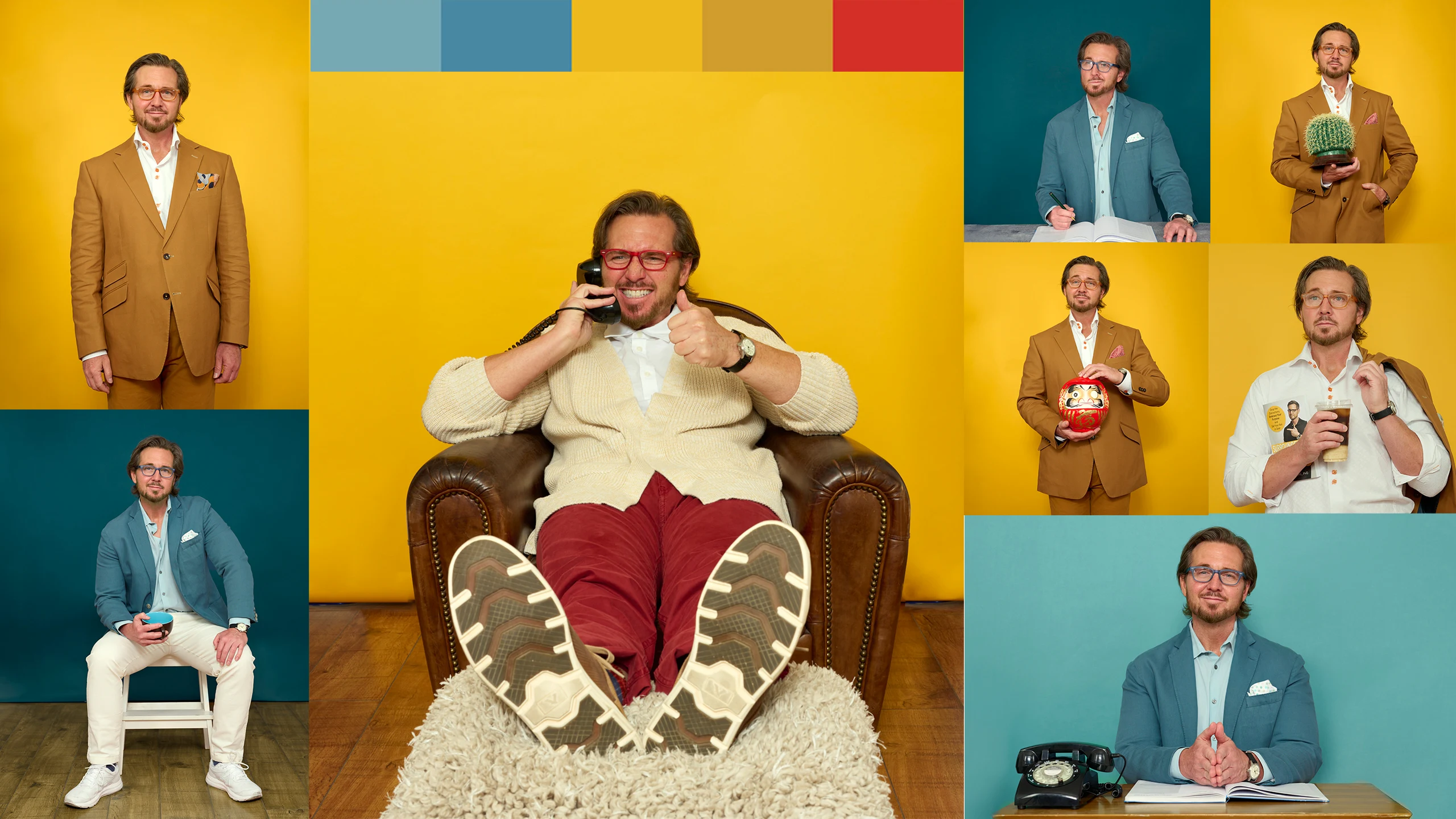 Personal branding session collage for Anthony Dufresne, portraits on yellow, teal and blue backdrops matched to his brand colors, Phoenix Arizona